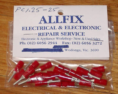 Red Insulated 1.7mm Male Pin Crimp Connectors (Pkt 25) - Part # PC1.25-25