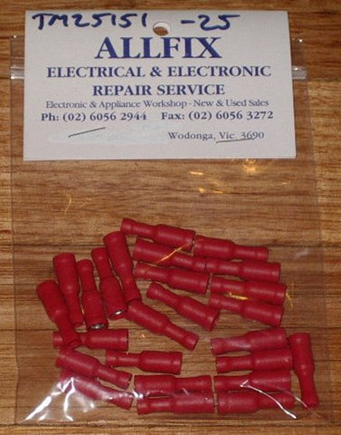 Red Insulated Female Bullet Crimp Terminals (Pkt 25) - Part # TM25151-25